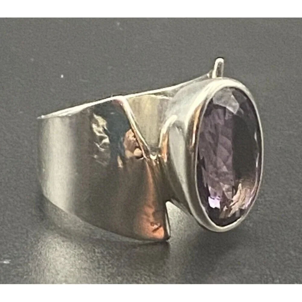 Amethyst 925 Silver Ring Bold Asymmetrical Oval Gem Quality  Sz 8.5 9.7 g Unisex - Picture 5 of 15